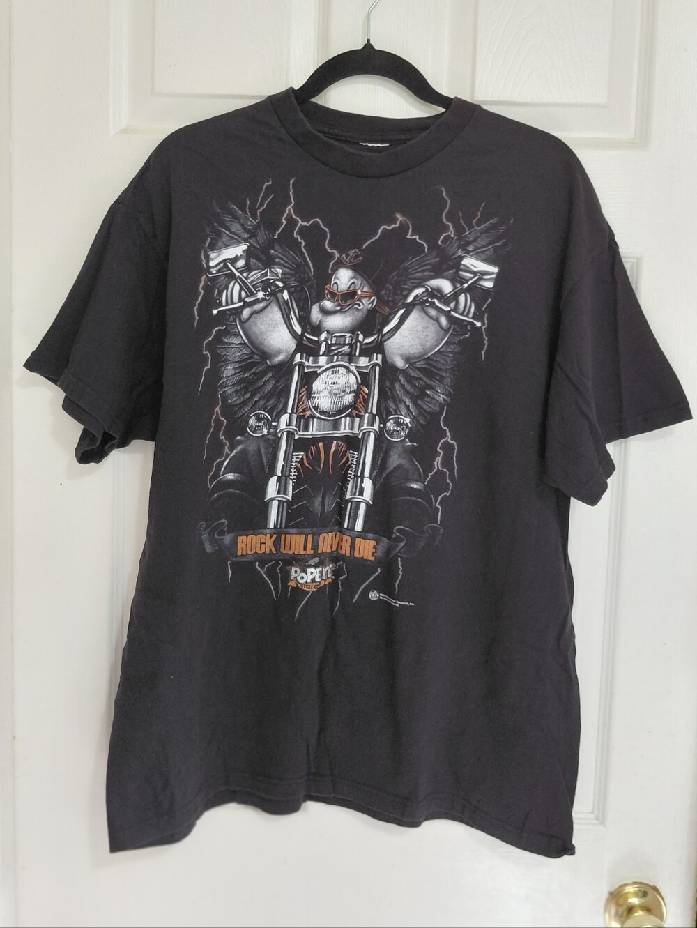 Vintage Popeye The Sailor Motorcycle Biker  "Rock Will Never Die" Black T-Shirt